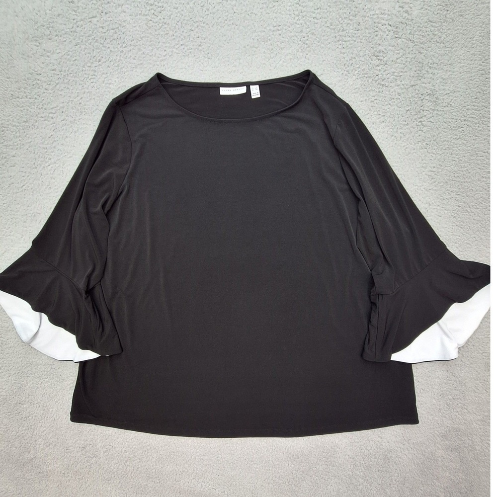 Susan Graver‎ Blouse Womens 3X Black Bell Sleeve Ruffle Accent Liquid Knit Top